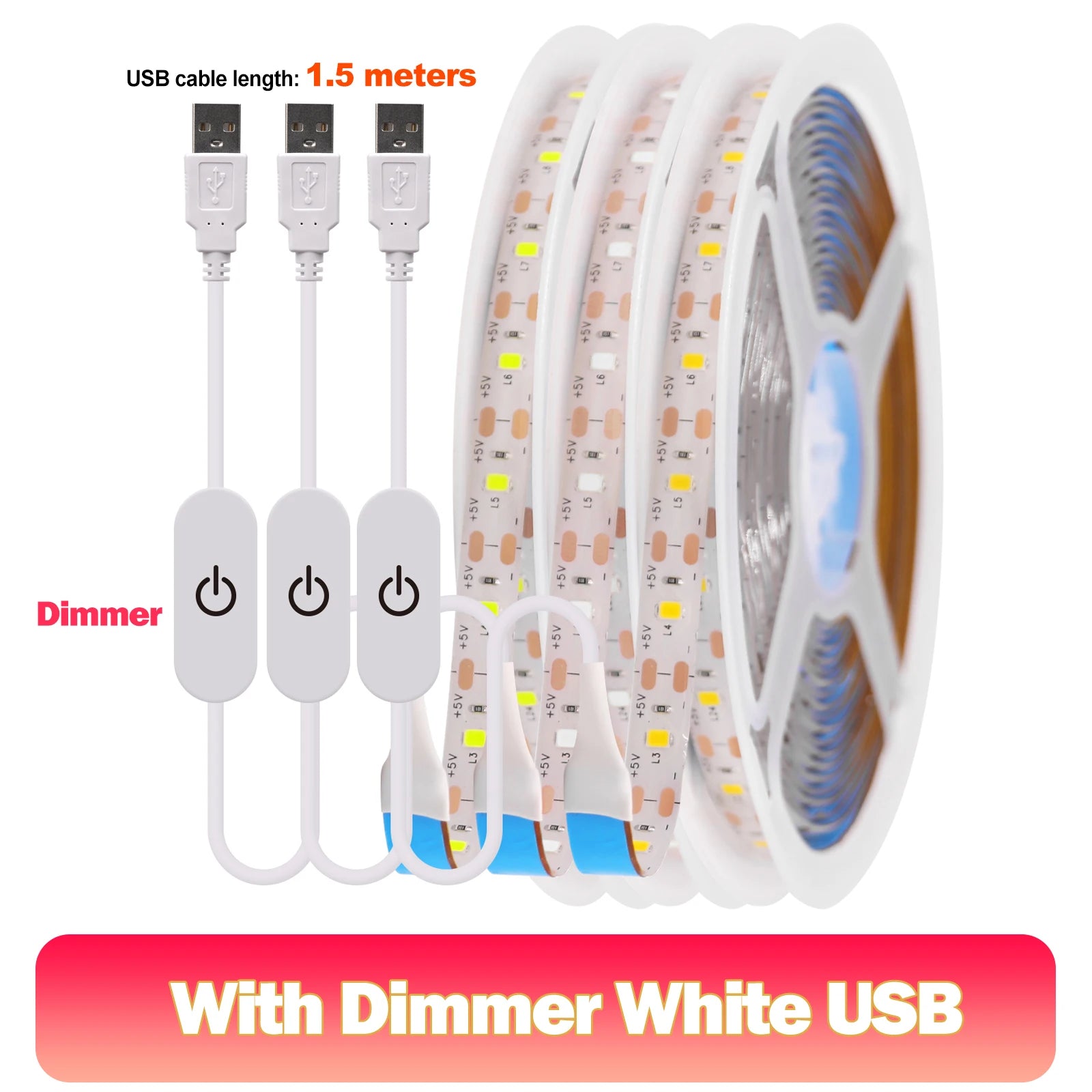 5V USB LED Strip Light 2835 SMD 60 LEDs/m Touch Dimmer Waterproof IP21/IP65 1m 3m 5m