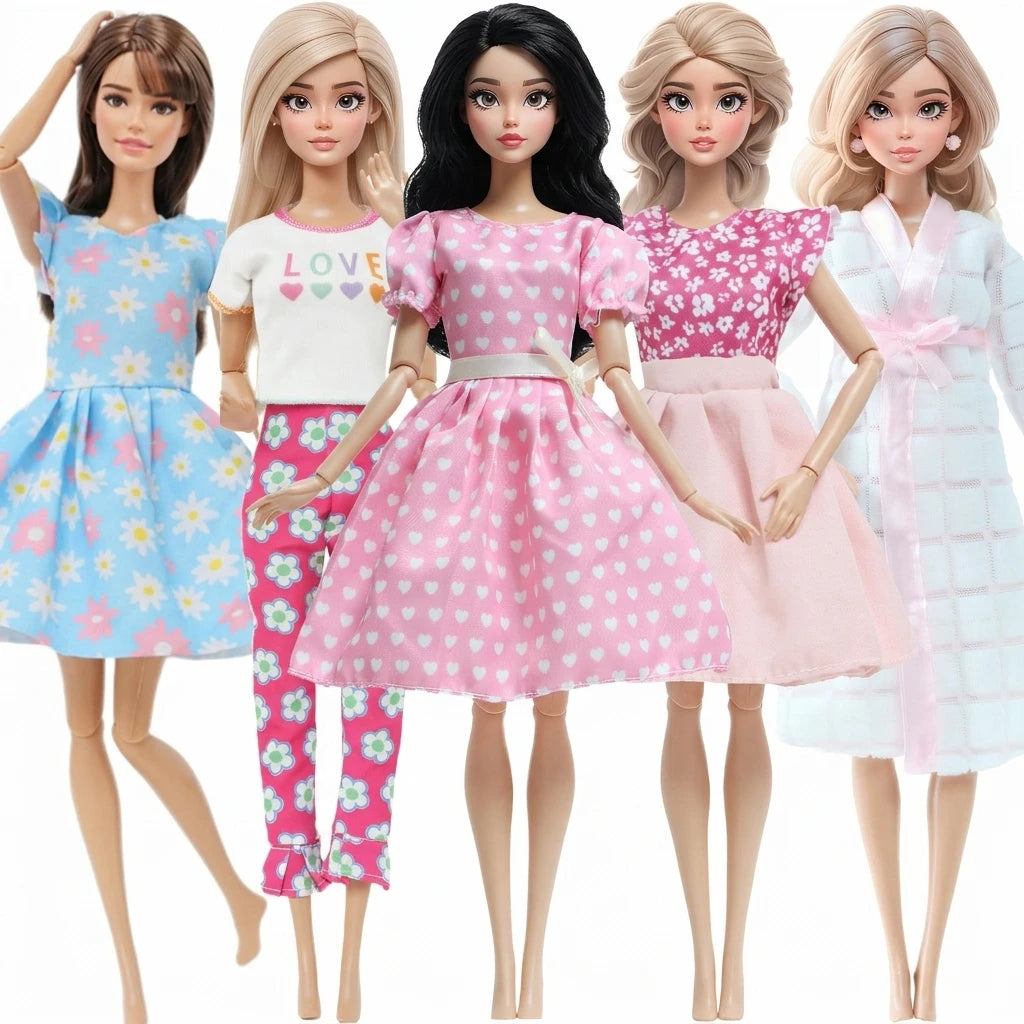 5-Pack Doll Clothes for 11.5–12 in (30 cm) 1/6 Scale Girl Dolls — Dresses, Skirts, Pants & Tops