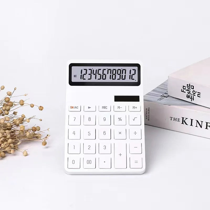 12-Digit Solar Calculator Dual Power (Solar + Coin Battery) — Portable Desktop Calculator for Office, School & Home