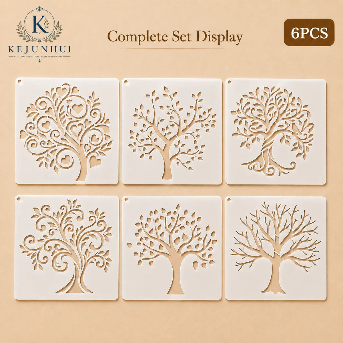 6-Pack 3.9 x 3.9 in (10 x 10 cm) Tree of Life Reusable PET Stencil Set, DIY Painting Craft Templates for Wall, Wood, Fabric