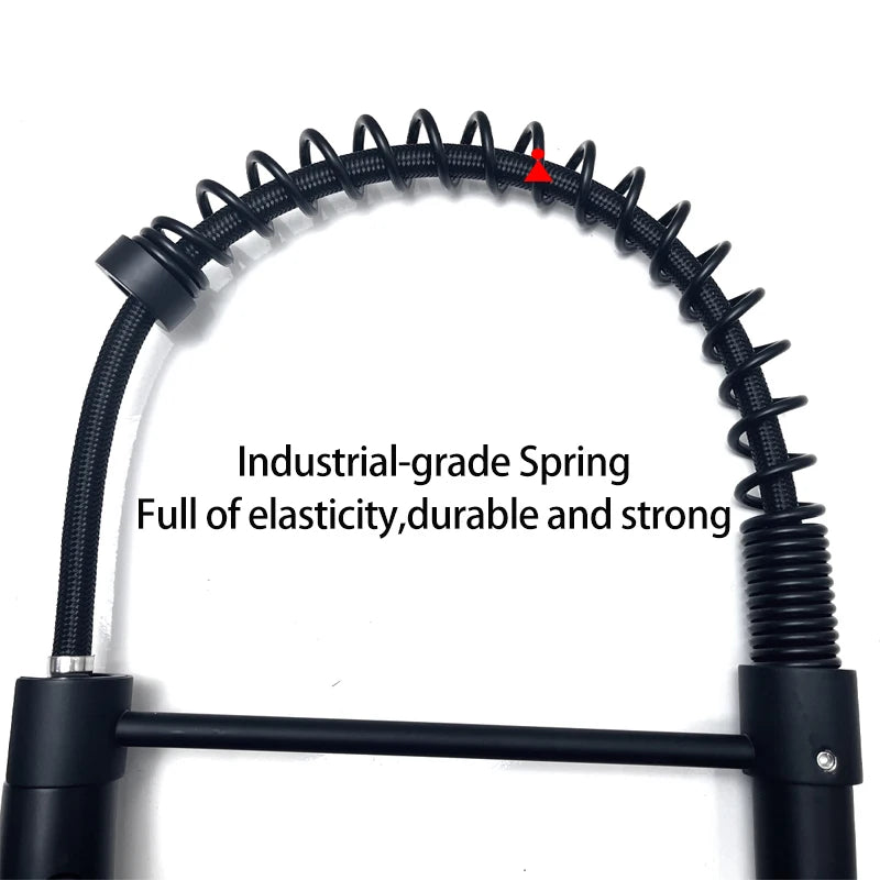 Pull-Down Spring Kitchen Faucet — Matte Black Brushed Stainless, 360° Swivel, Hot & Cold Mixer, Single-Handle Pull-Out