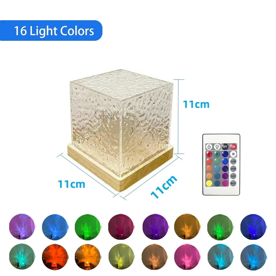 3- or 16-Color Rotating Water Ripple Projector Night Light with Remote USB Crystal Flame Lamp for Bedroom Living Room Study