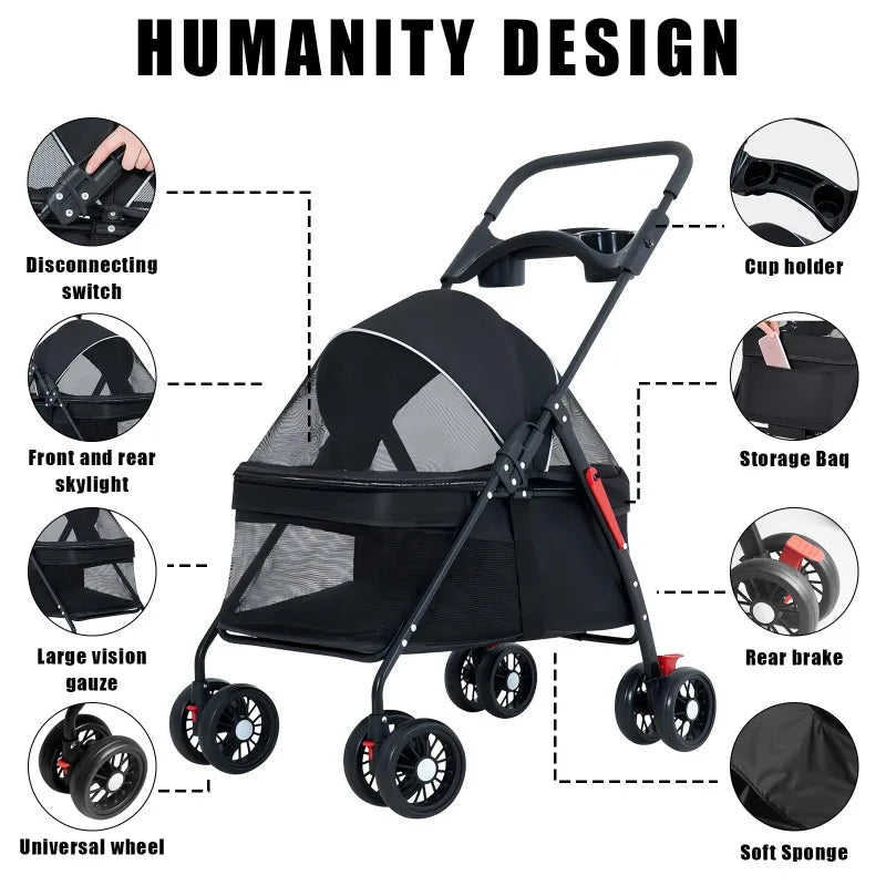 Foldable Lightweight Pet Stroller for Small Dogs & Cats — 15 kg (33 lb) Capacity, 56×35×77 cm (22×14×30 in) Basket