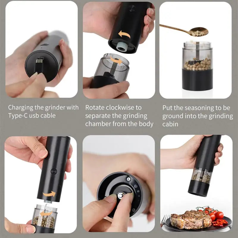 USB Rechargeable Electric Pepper Grinder and Salt Mill with Dual Chambers and Charging Base