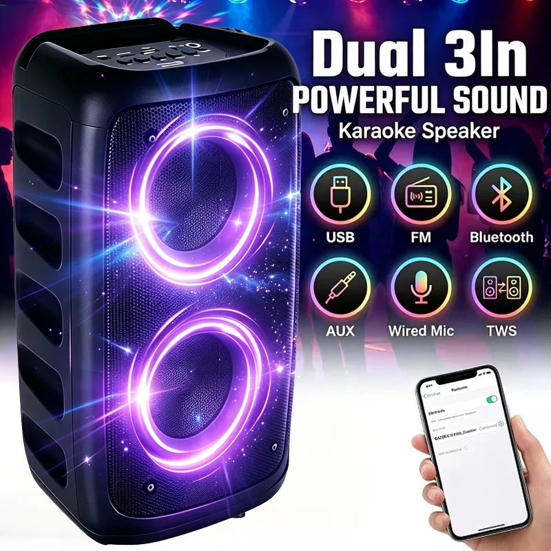 Portable Bluetooth Boombox Speaker – Dual Drivers, TWS Stereo, RGB Party Lights, USB TF Card & FM Radio
