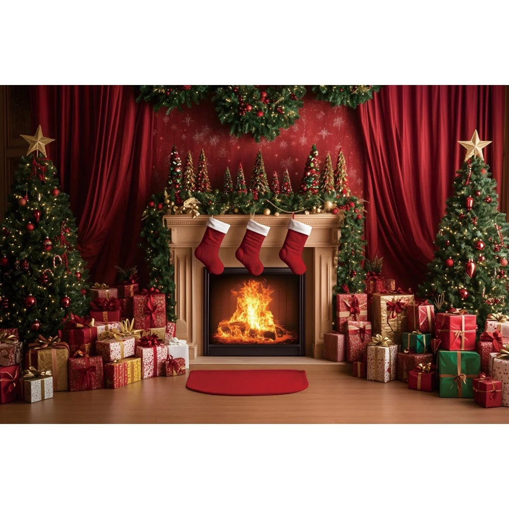 Christmas Photography Backdrop - Red Curtain & Window Scene with Snowy Bear and Gifts for Kids & Family Portraits