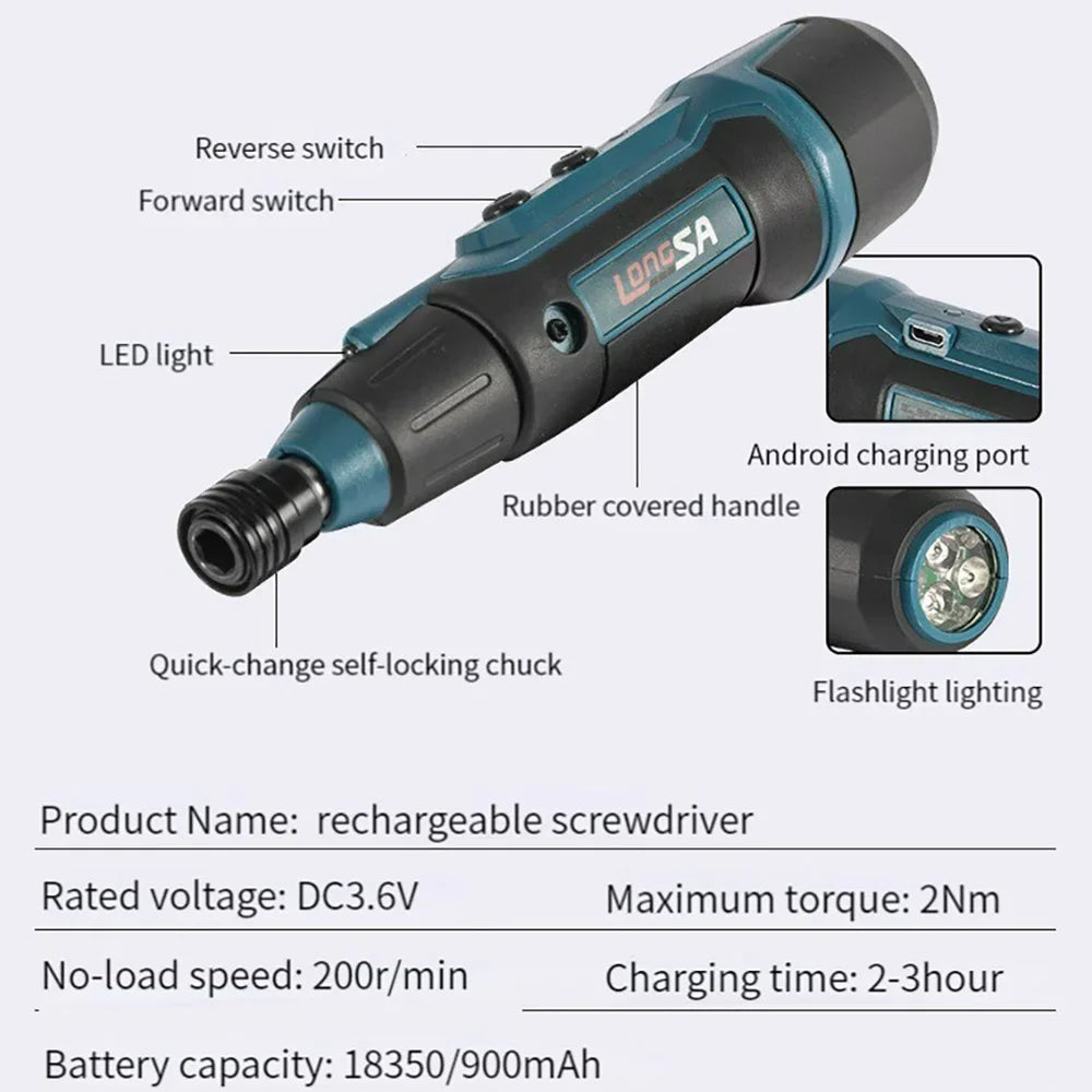 Cordless Electric Screwdriver Set 3.6V 2Nm 200 RPM Rechargeable Wireless Precision Drill for Home DIY