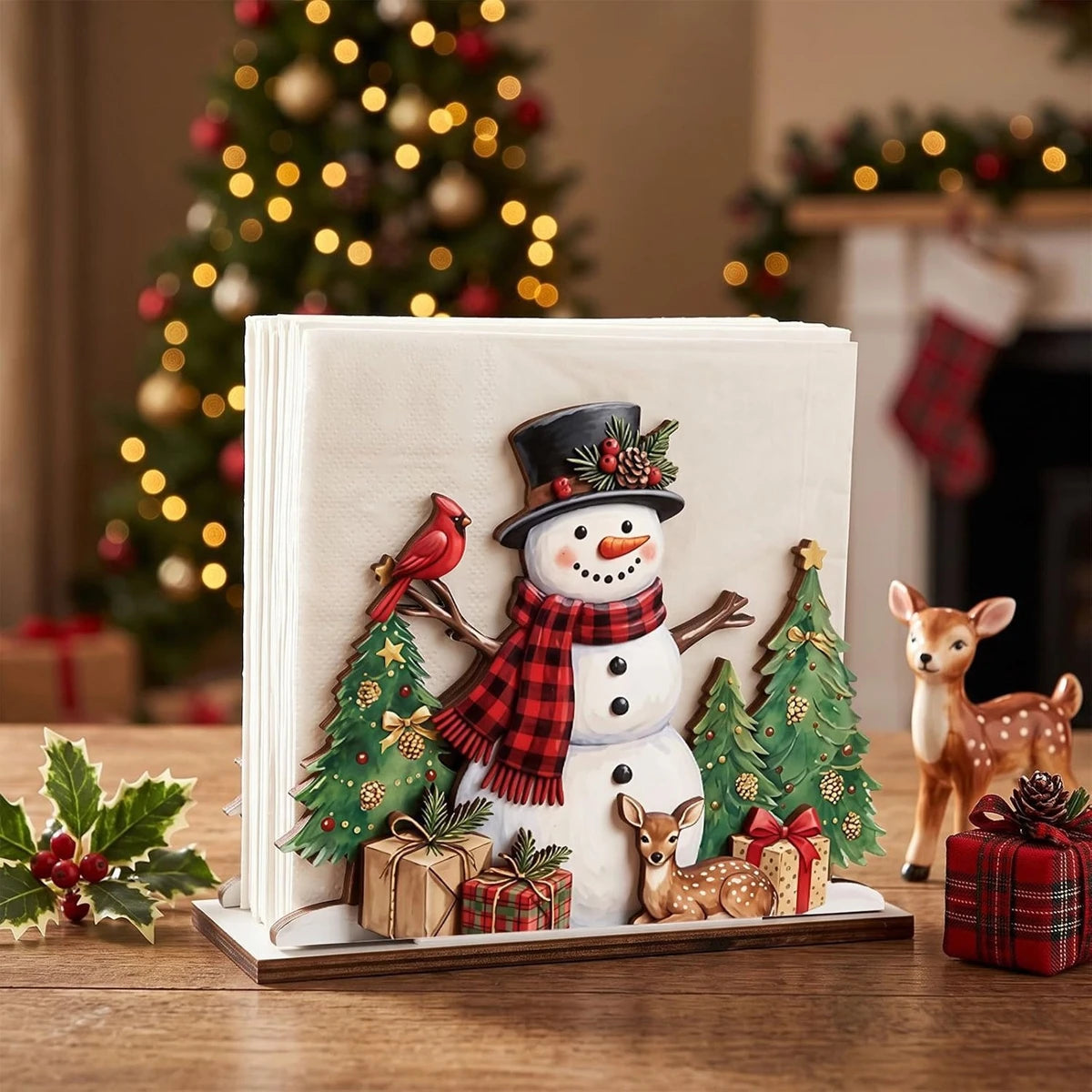 Santa Claus Wooden Napkin Holder - Holiday Tabletop Napkin & Tissue Holder, Christmas Dining Decor