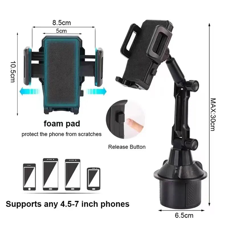 Universal Adjustable Car Cup Holder Phone Mount – Anti-Slip Long-Arm Cell Phone Holder for Navigation