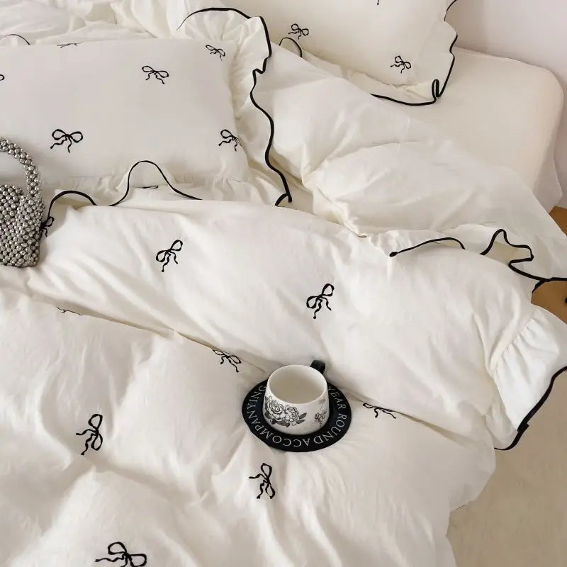 Floral Embroidered Duvet Cover Set 3-Piece (1 Duvet Cover + 2 Pillowcases) - Twill Polyester - Multiple Sizes - White, Pink, Black