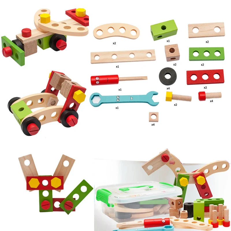 Montessori Wooden & Plastic Kids Toolbox Set - Educational DIY Carpenter Pretend Play Tool Kit for Children