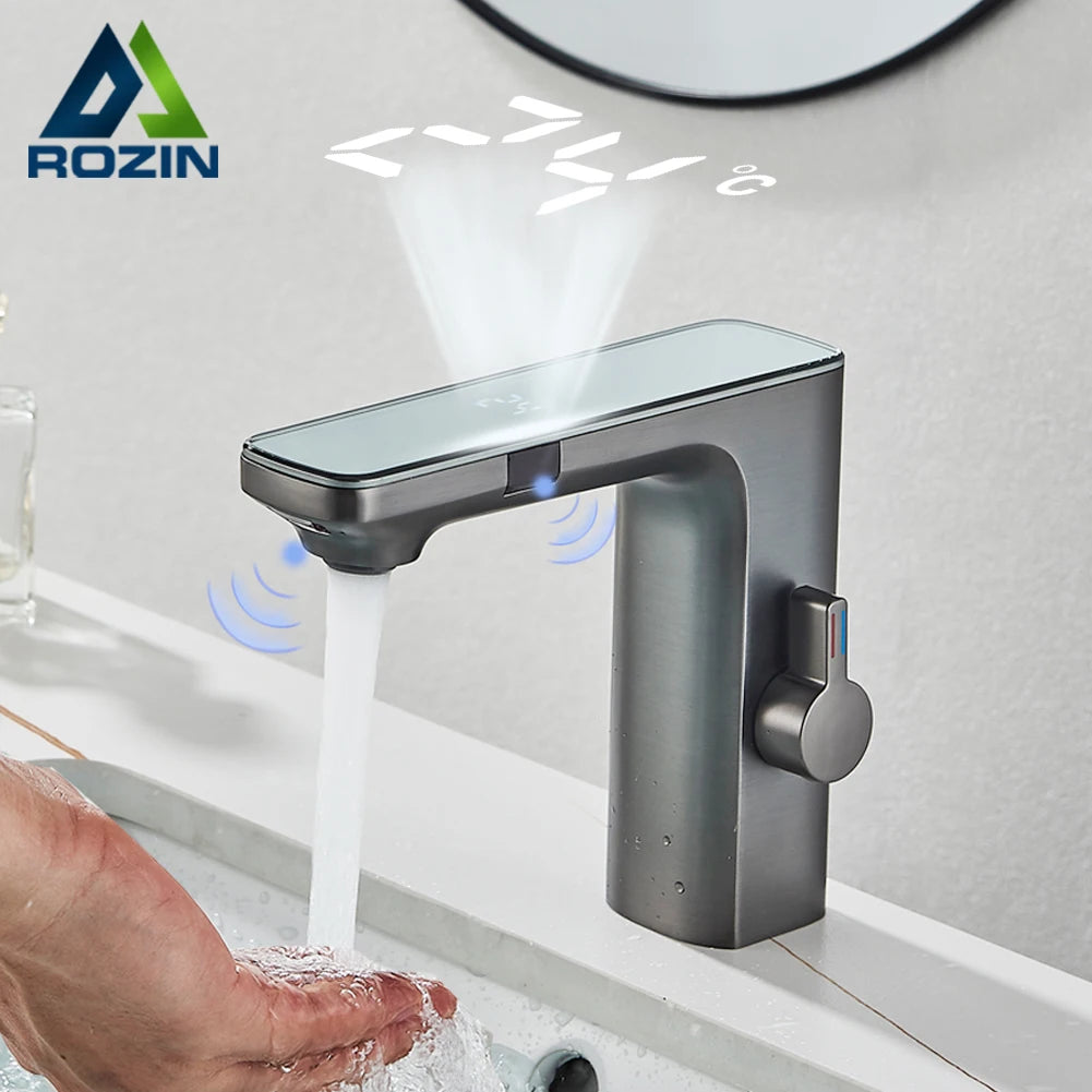 Touchless Sensor Basin Faucet with Digital Display – Brushed Grey Brass Bathroom Sink Mixer Tap, Single Hole Single-Handle, Hot & Cold