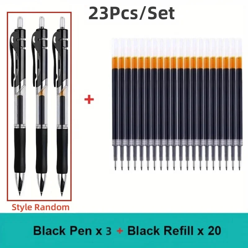 23-Piece Retractable 0.5mm Ballpoint Pen Set - 3 Pens + 20 Refills, Black/Blue/Red, Refillable Quick-Dry Ink