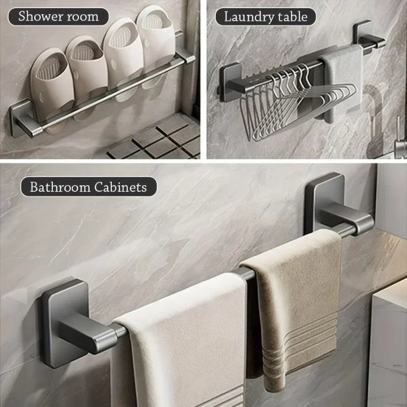 Self-Adhesive No-Drill Bathroom Wall Towel Rack 20-24 in (50-60 cm) Aluminum Single Bar with Hooks