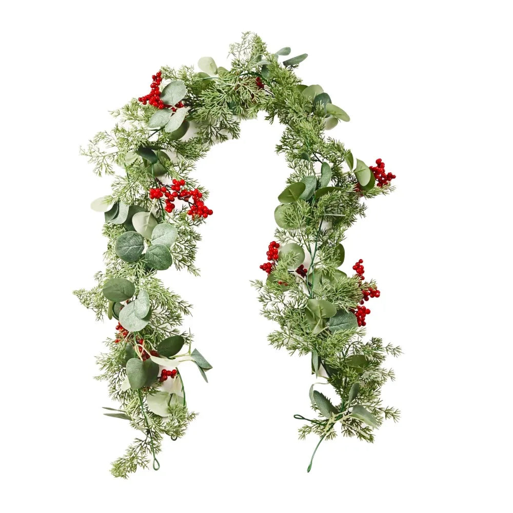 5.9 ft (1.8 m) Eucalyptus Christmas Garland with Red Berries & Pine Cones — Flexible Holiday Vine for Door, Mantel & Staircase