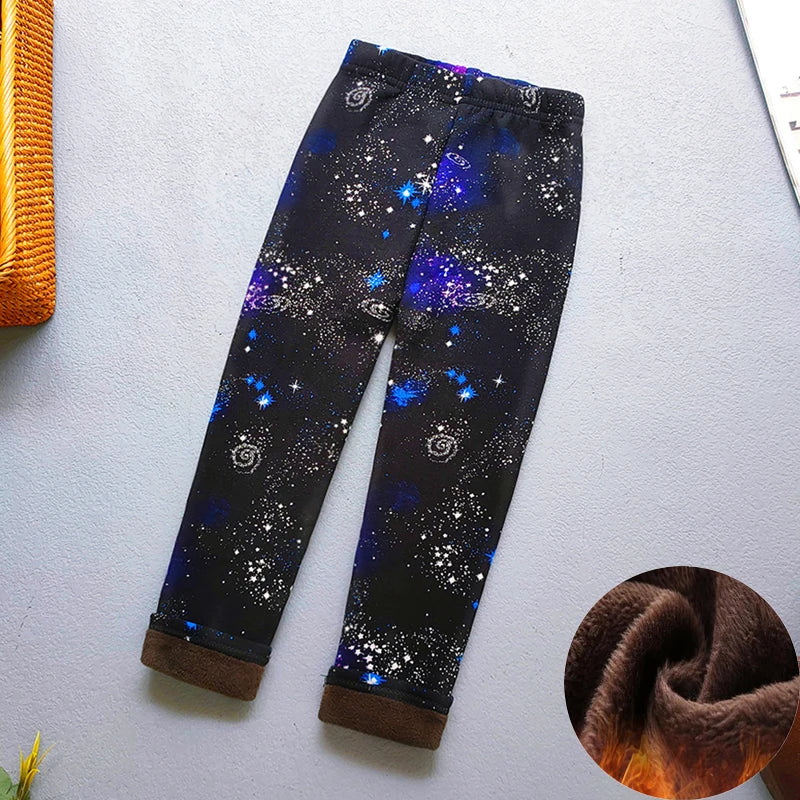 Kids Warm Fleece-Lined Cartoon Leggings Thick Plus Velvet Winter Pants Ages 4-6