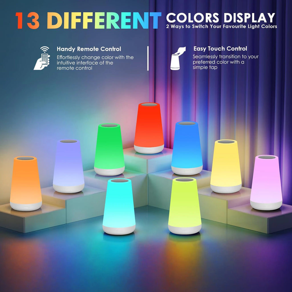Rechargeable Smart LED Night Light 13 Colors 5 Brightness Levels Touch & Remote USB Bedside Lamp