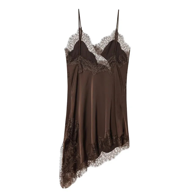 Lace Satin Slip Mini Dress Backless Asymmetric Summer Party & Beach Dress for Women