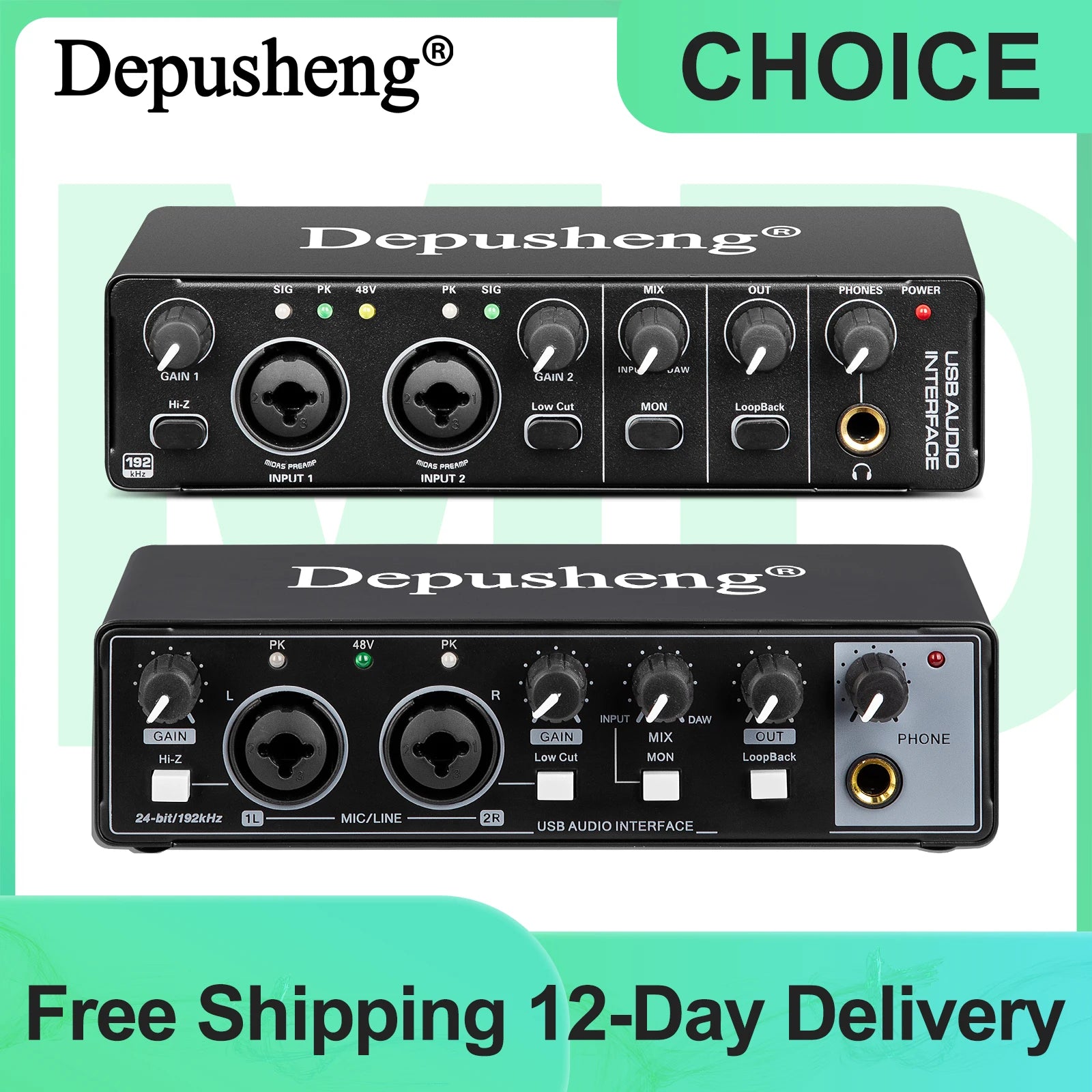 USB Audio Interface 2-In/2-Out with 48V Phantom Power — Low-Latency Recording & Live Monitoring for Guitar, Vocals, Podcasting