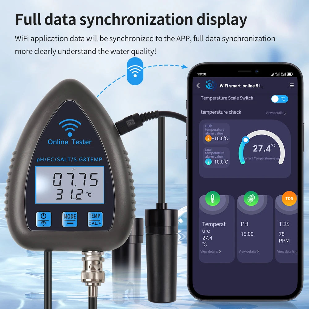 5-in-1 WiFi & Bluetooth Water Quality Monitor — pH, TDS/EC, Salinity, Specific Gravity & Temp for Aquariums, Hydroponics & Aquaculture