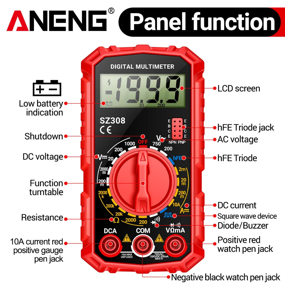 Digital Multimeter with Square Wave Generator - AC/DC Voltage & Current, Resistance, Diode, LCD Backlight