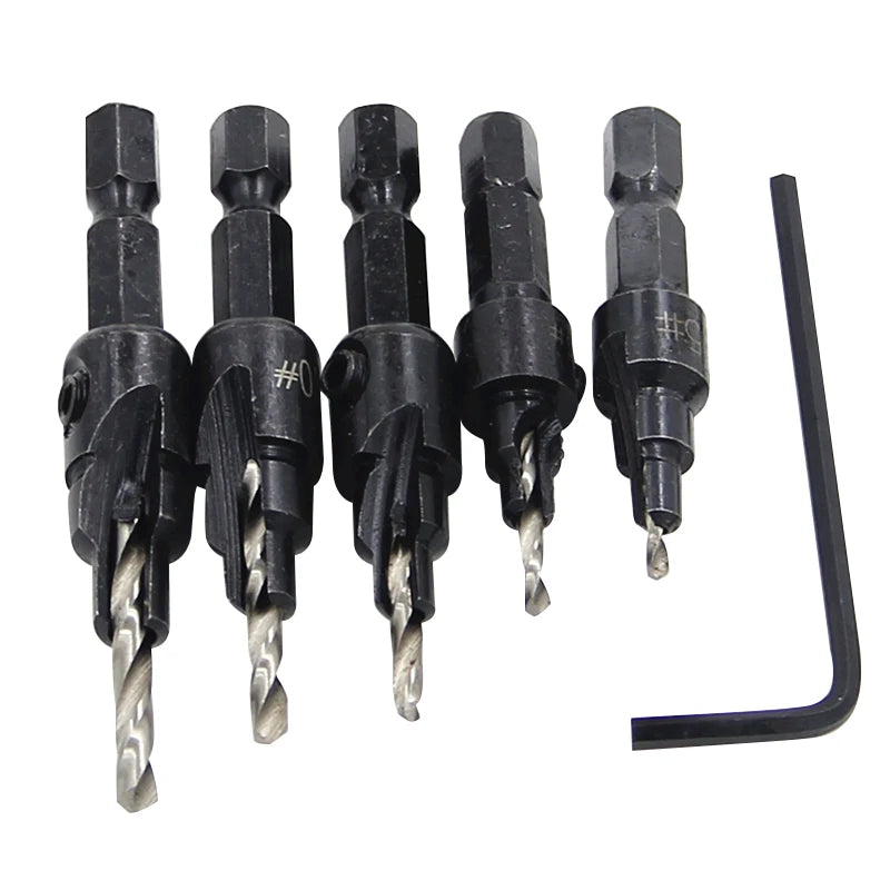 5pc Hex Shank Countersink & Taper Drill Bit Set for Wood (56–69mm) – Screw Hole Opener & Reamer
