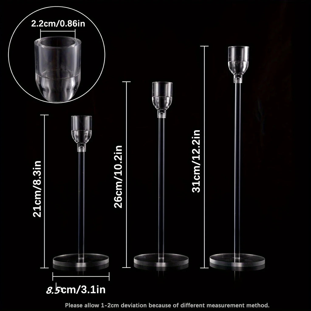 3-Pack Clear Acrylic Candle Holders – Modern Candelabra Table Centerpiece for Weddings, Parties & Holiday Decor