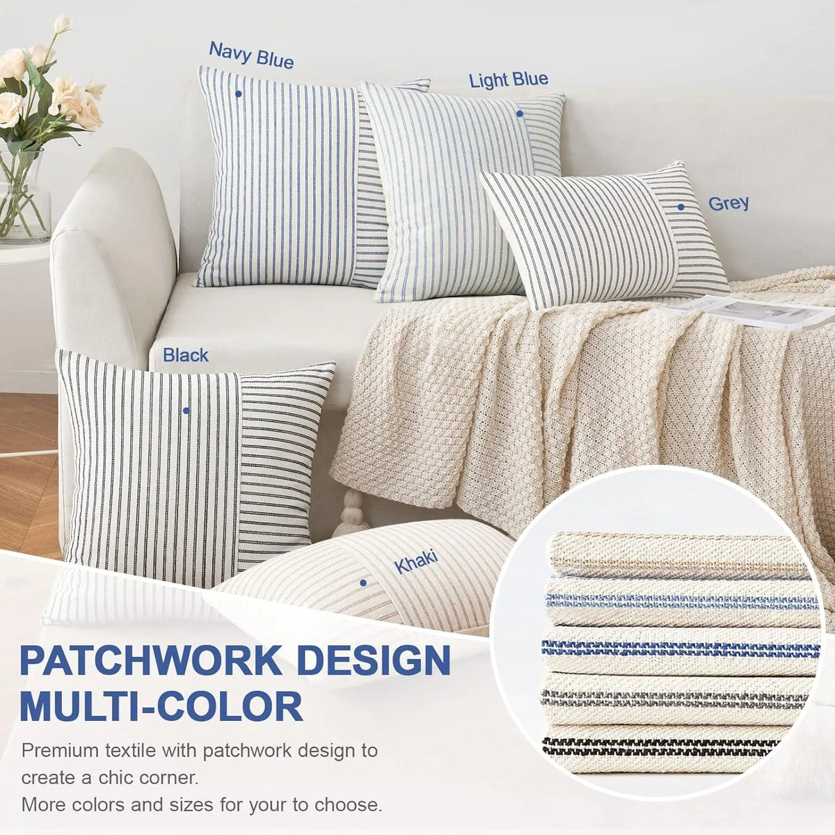 Khaki Patchwork Striped Linen Throw Pillow Cover 18 x 18 in (45 x 45 cm) Decorative Accent Cushion Case for Sofa Couch Bedroom