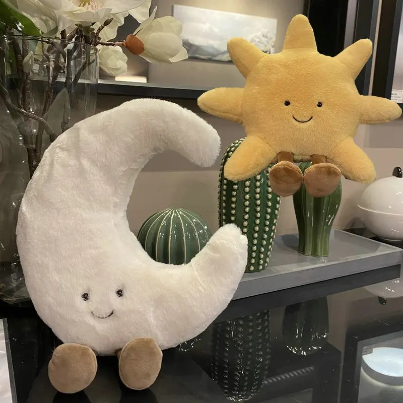 Smiling Sun & Moon Plush Pillow Set – Cute Cartoon Weather Plushies, Sun 14 in / 20 in (35/50 cm) & Moon 12 in / 19 in (30/48 cm)