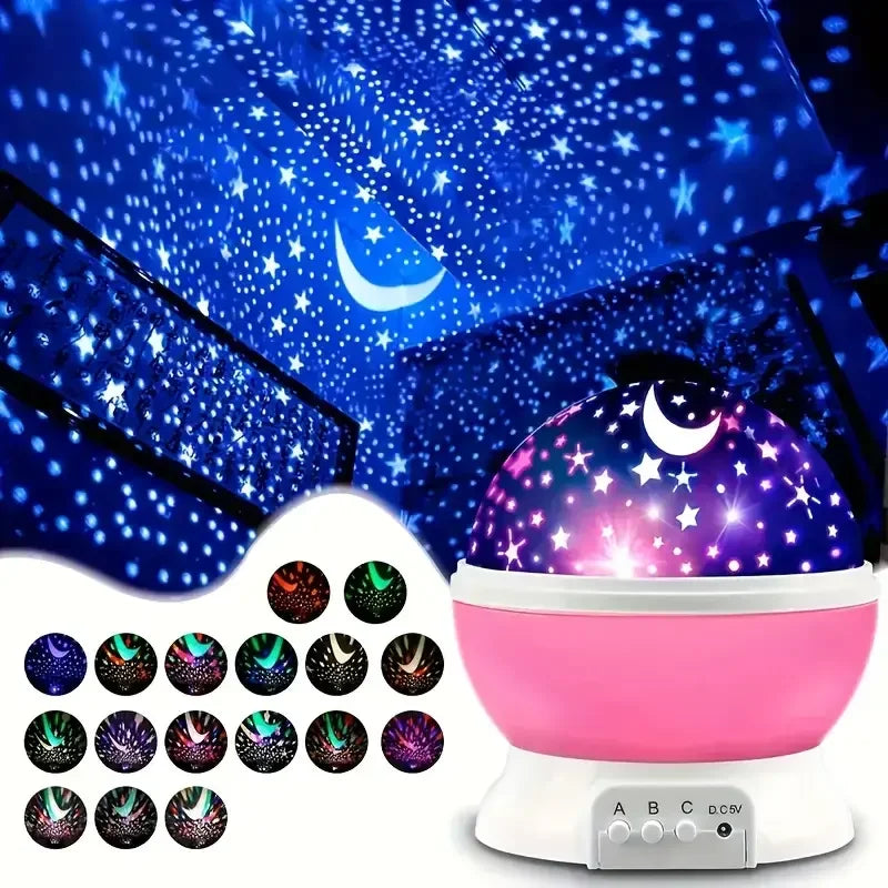 Starry Night Projector Lamp with Moon and Stars 360° Rotating LED Night Light 9 Color Modes USB or 3 AA Battery Powered