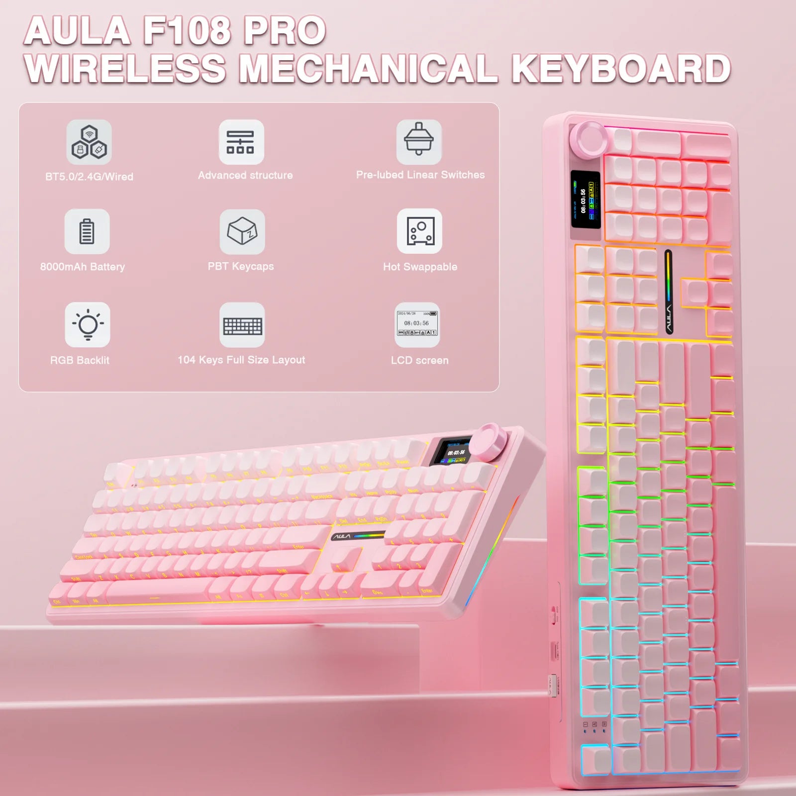 Wireless Bluetooth Mechanical Keyboard 108-Key — Gasket Mount, Hot-Swappable Full-Size with TFT Smart Display, RGB (USB-C, 2.4G, Bluetooth)
