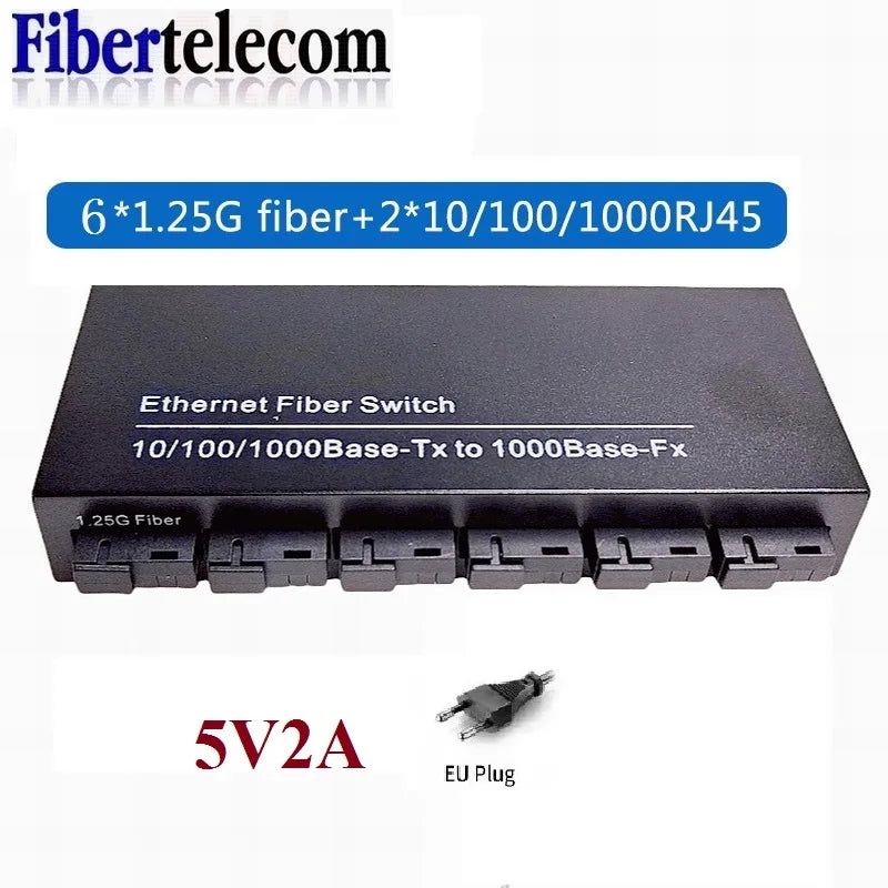 Gigabit Fiber Switch 6 x 1.25G Fiber Ports + 2 x 100/1000M RJ45 Media Converter SC Single-Mode 20km