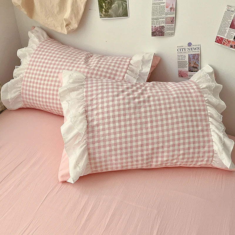 Korean Princess Lattice Double-Layer Lace Duvet Cover Set — Soft Microfiber Plaid Quilt Cover with Flat Sheet & Pillowcases (Single/Full/Queen: 150×200–200×230 cm / 59×79–79×91 in)