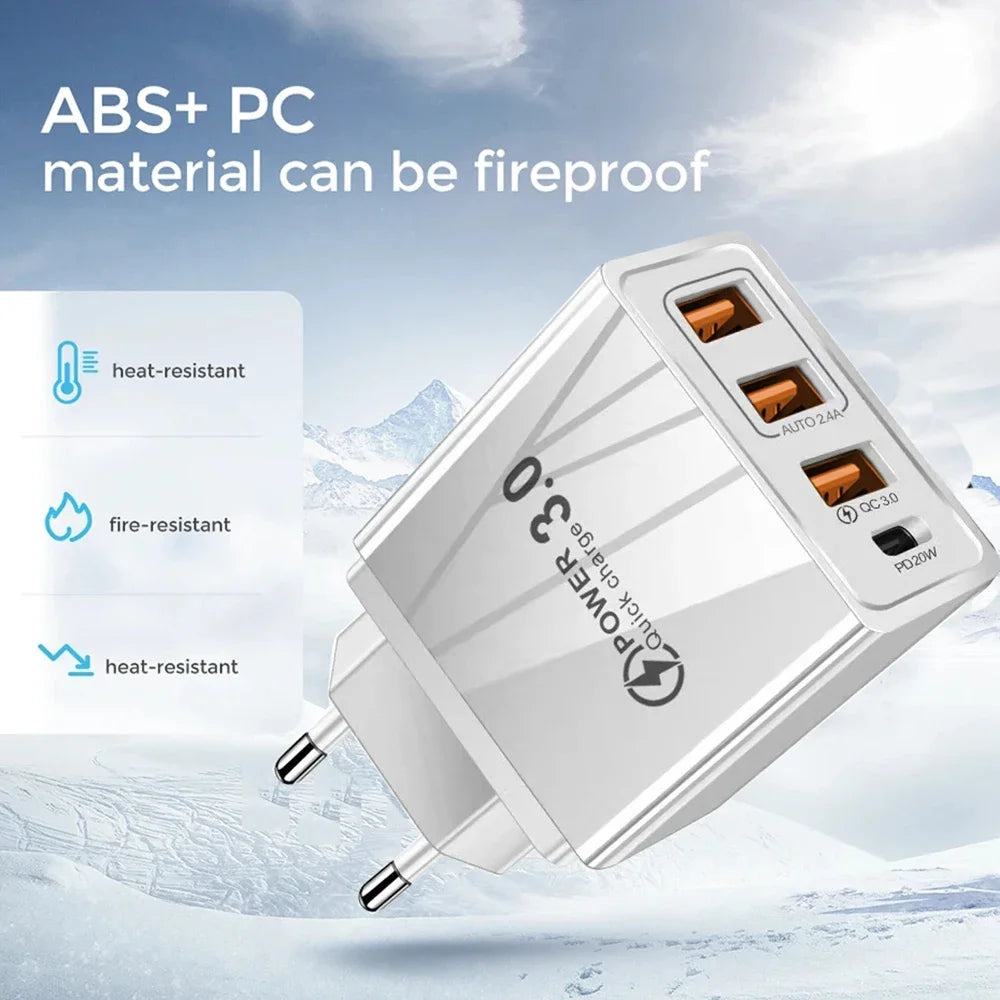 48W USB-C PD Fast Charger — QC 3.0 Wall Charger with EU/US Plug, Universal for Smartphones & Tablets