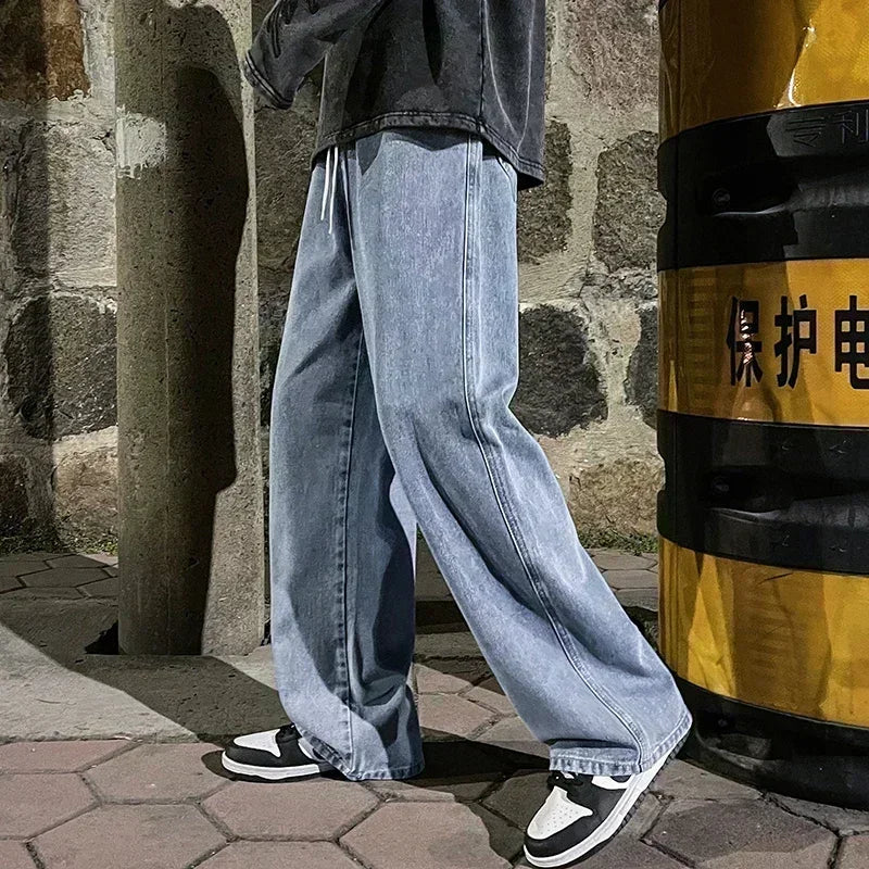 Men's Korean Streetwear Loose Wide-Leg Jeans - Straight Baggy Pants in Black & Light Blue