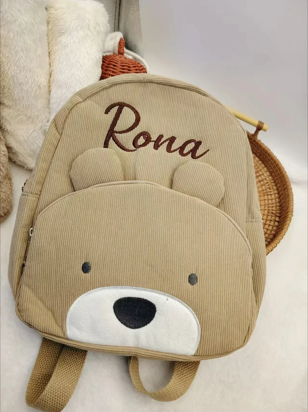 Personalized Toddler Backpack – Cartoon Bear Corduroy Plush with Embroidered Name, Large Capacity Kids Bag