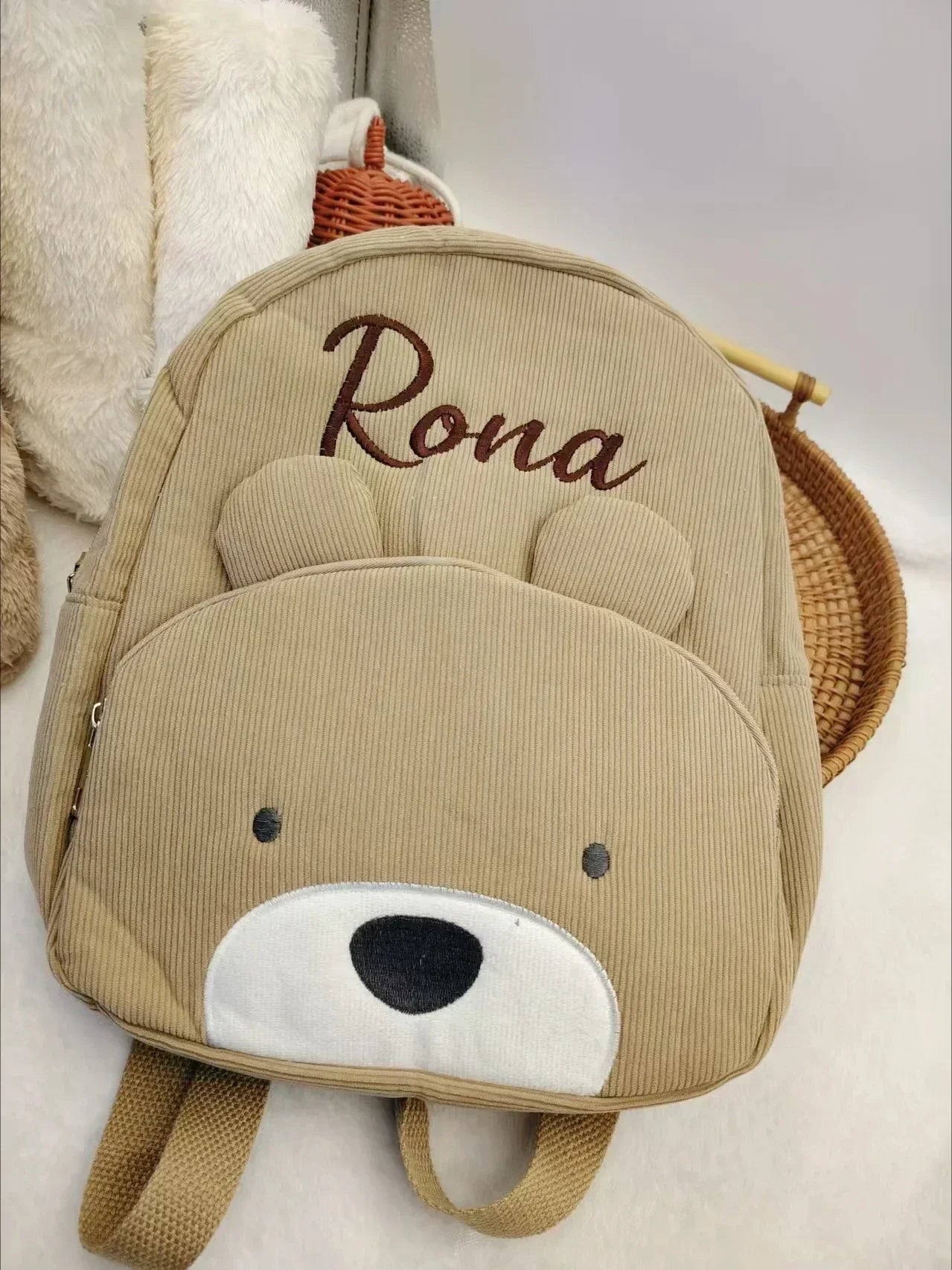 Personalized Toddler Backpack – Cartoon Bear Corduroy Plush with Embroidered Name, Large Capacity Kids Bag