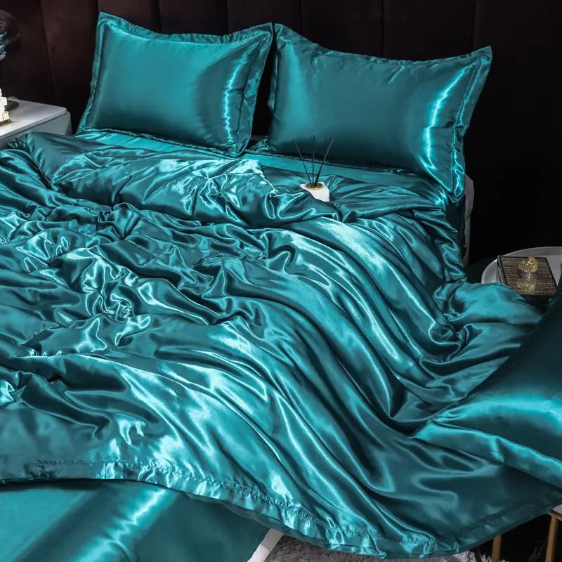Ice Silk Satin 4-Piece Duvet Cover Set – Silky Solid Color Bedding (Duvet Cover + 2 Pillowcases + Sheet), Fits 1.5–2.2 m (5–7 ft) Beds