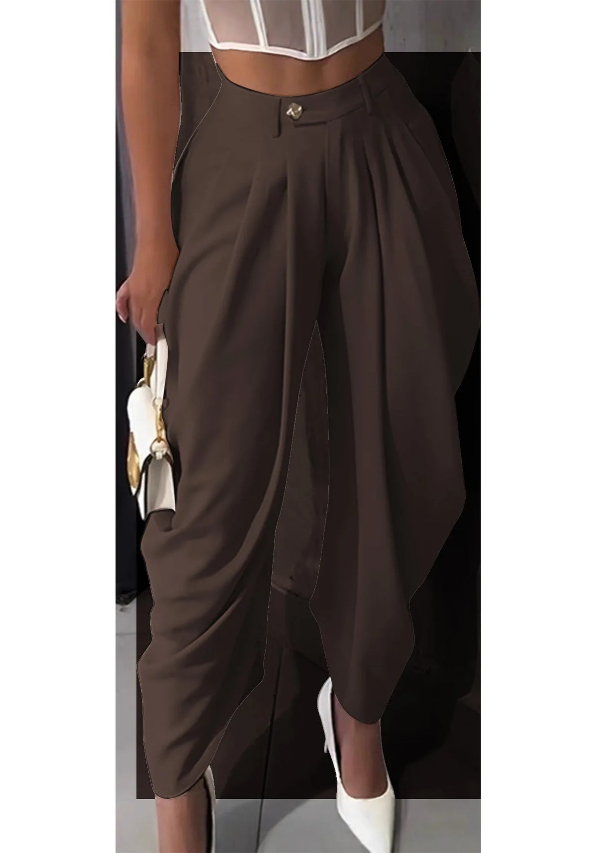 High-Waisted Pleated Wide-Leg Cropped Pants for Women – Loose Harem Skirt-Pant, Casual