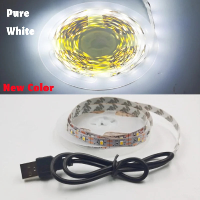 5V USB LED Strip Light 5m (16.4ft) & 1m (3.3ft) SMD3528 — Waterproof Flexible Color Strip Warm/Cool White + RGB for Cabinet, Ceiling & TV Backlight