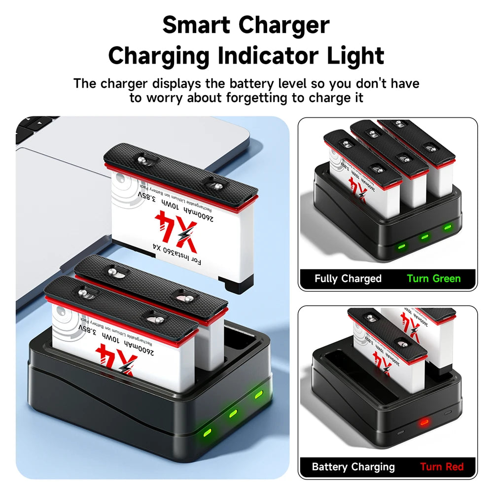 2600mAh High Capacity Camera Battery + 3-Slot LED Fast Charger for Action Cameras