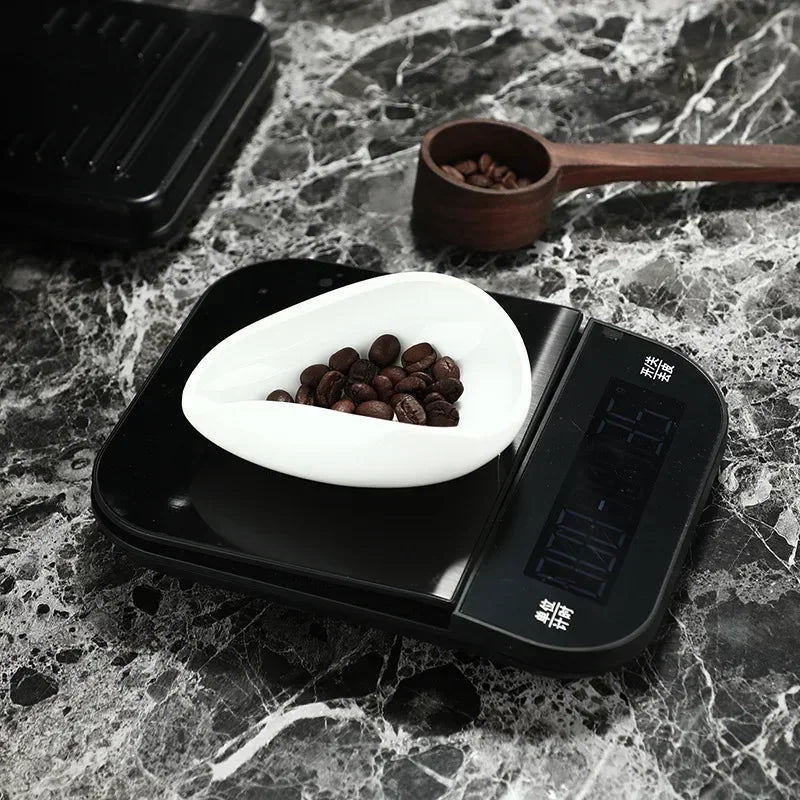 Ceramic Coffee Bean Measuring Cup & Dosing Tray - Coffee Powder Weighing Scoop for Home and Cafe (Black/White)