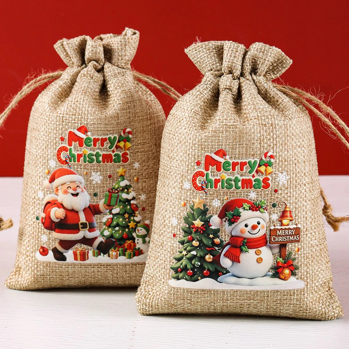 6-Pack Burlap Christmas Gift Bags with Santa & Reindeer Prints, Drawstring Jute Party Favor Bags