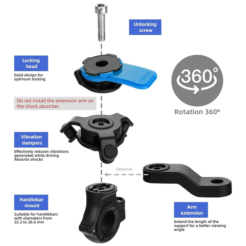 Universal 360° Rotating Motorcycle & Bicycle Phone Holder – Detachable Adjustable Mount for 4.7–7.2 in Phones, Fits 22.2–28.6 mm Handlebars