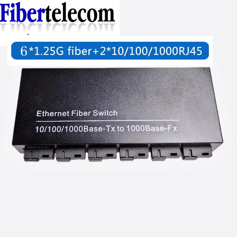 Gigabit Fiber Switch 6 x 1.25G Fiber Ports + 2 x 100/1000M RJ45 Media Converter SC Single-Mode 20km