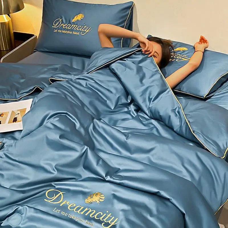 Embroidery Summer Cooling Quilt - Breathable Ice Silk Comforter 4-Piece Bedding Set (Queen 200 x 230 cm / 78.7 x 90.6 in)