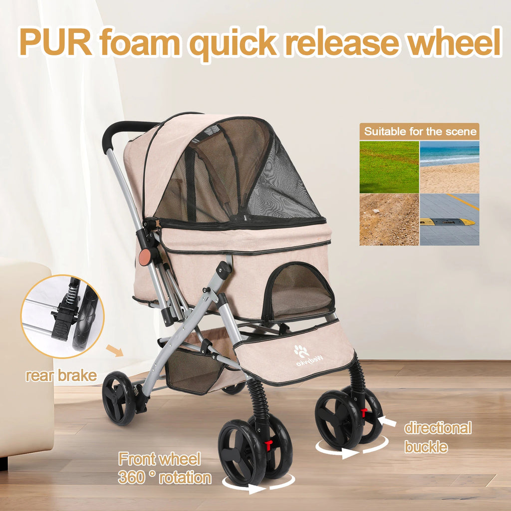 Foldable Pet Stroller for Cats and Dogs, Detachable Shock-Absorbing Travel Carrier, Easy Assembly, Dirt-Resistant