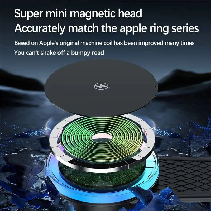 Magnetic 15W Wireless Car Charger Mount - Dashboard Phone Holder, USB-C Fast Charging
