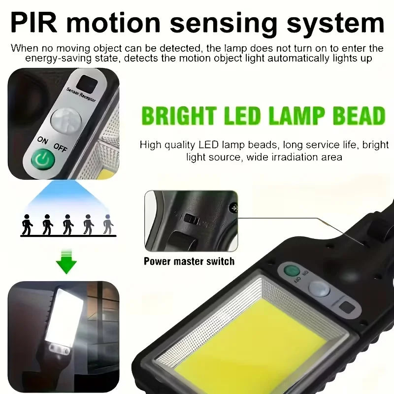 LED COB Solar Motion Sensor Wall Light – 3 Modes, Remote Control, IP65 Waterproof, 1500LM 1200mAh