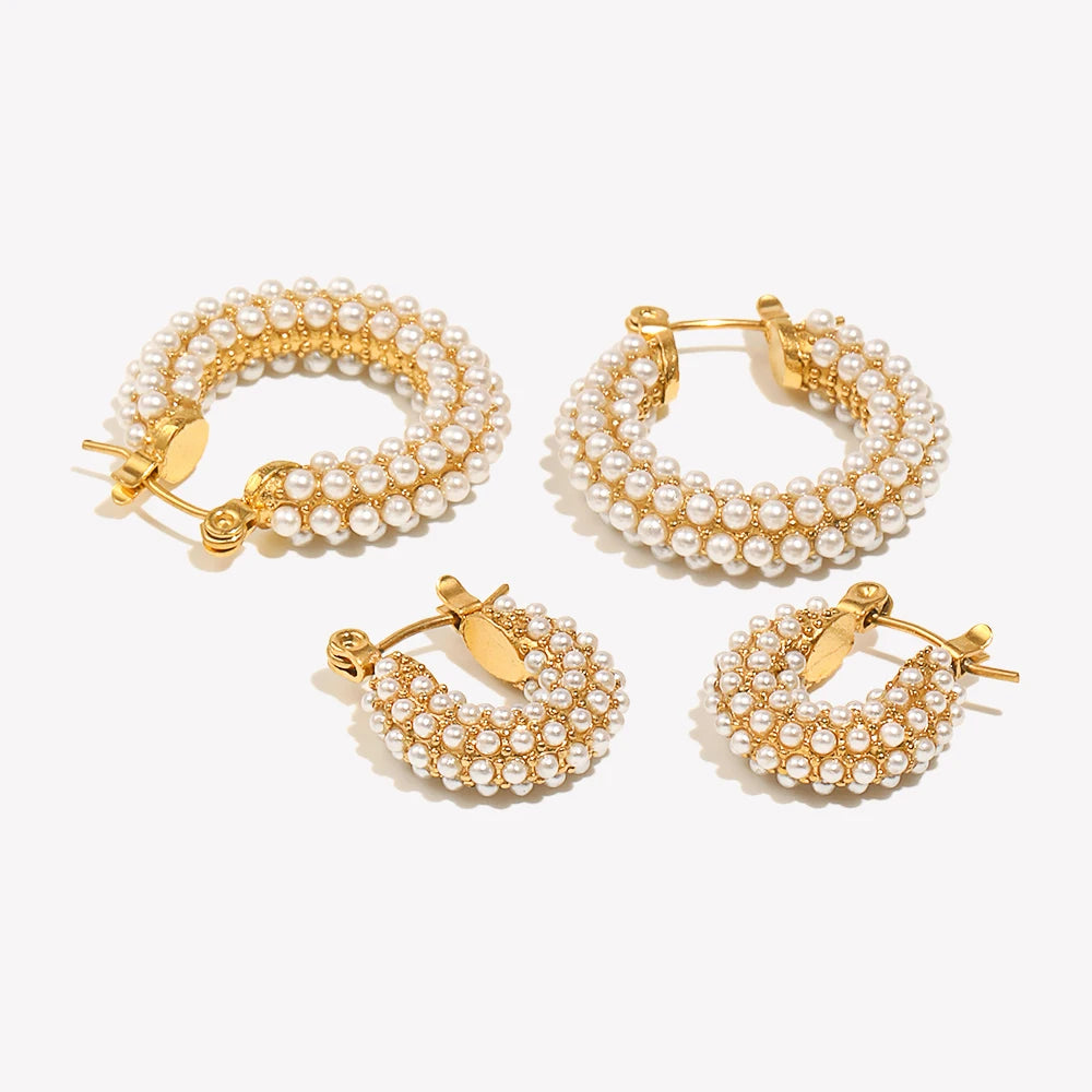 Dainty Pearl Hoop Earrings for Women — 15mm & 23mm Gold-Plated Hypoallergenic Stainless Steel Hoops